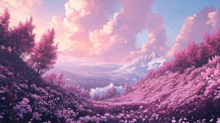Pink blossom hillside, mountain sunrise view.
