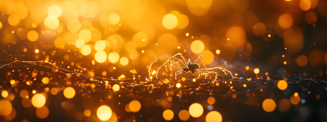 A spider weaving its web in the center of an orange and yellow background

