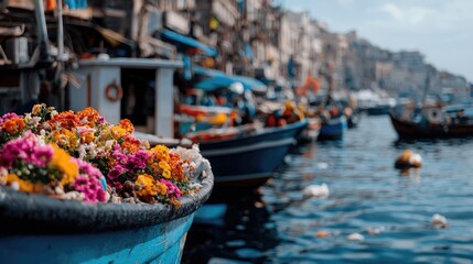 Colorful flowers in boat, harbor, Italy, fishing boats