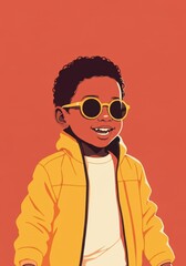 Obraz premium Happy boy wearing sunglasses and a yellow jacket, smiling brightly