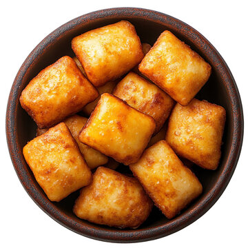 Top view of a delicious looking coquitos on a dark clay dish isolated on a white transparent background