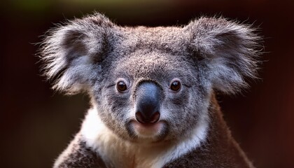 Naklejka premium Striking Portrait of Koala Phascolarctos cinereus Captured in Intimate Moment, Showcasing Genuine Connection and Furry Softness with Warm, Earthy Tones.