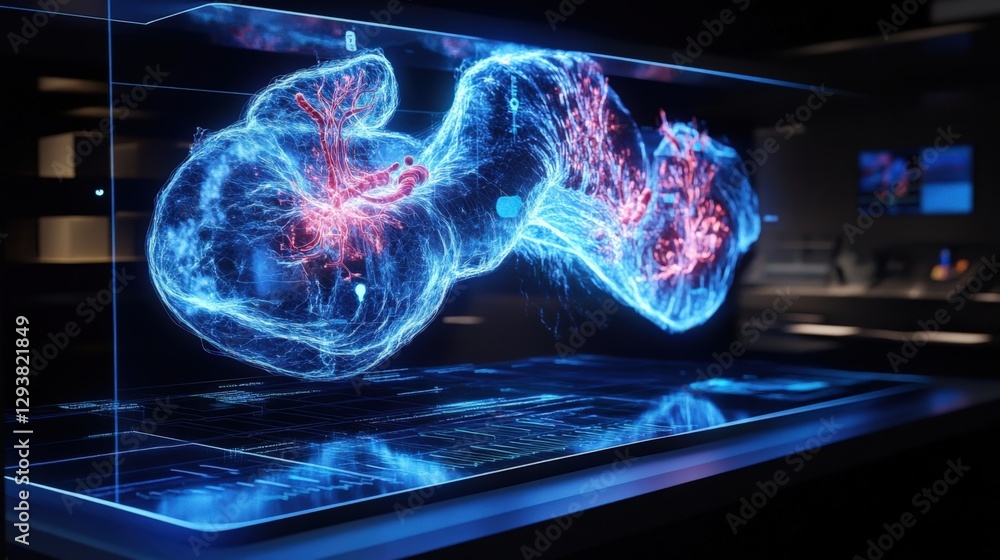 Poster futuristic transparent display showing rotating holographic projection of human lungs highlighting c