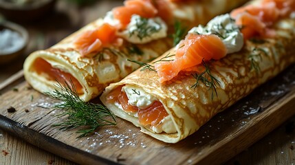 Elegant culinary photography of rolled crepes filled generously with cream cheese, delicate smoked salmon, fresh dill garnish adding vibrant contrast, minimalist polished wooden surface backdrop,