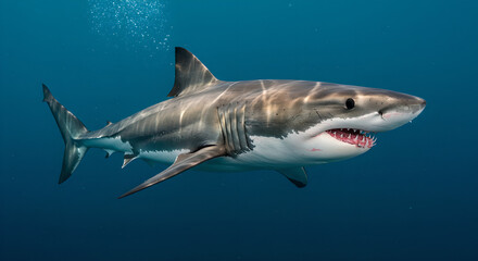 Obraz premium Great white shark swimming in deep blue ocean waters. Powerful marine predator in natural habitat. Dangerous sea creature in clear underwater environment. Wildlife marine life