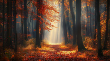 秋の森と朝の木漏れ日