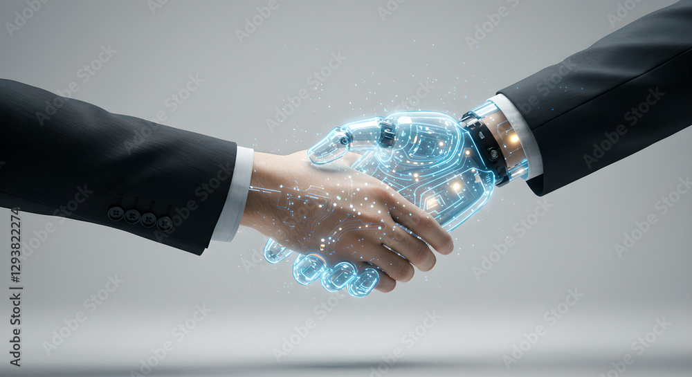 Aufkleber digital technology handshake between businessman and robot with glowing blue circuit pattern. future