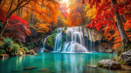 Obraz premium Dense autumn foliage surrounds Erawan waterfall in Kanchanaburi Province Thailand, autumn forest, erawan waterfall