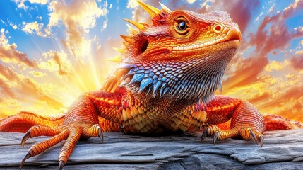 A vibrant lizard basks in the golden hour, its scales shimmering under the setting sun. A majestic creature against a fiery sky.