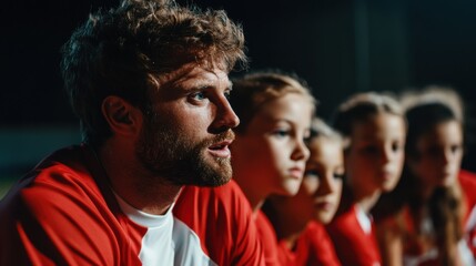 Fototapeta premium Coach giving inspirational talk to team, passionate expression, players listening with focus, pre-game energy, cinematic mood