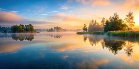 Fototapeta premium Serene lake at dawn with misty fog slowly rising from the surface of the calm lake water, Peaceful Scene
