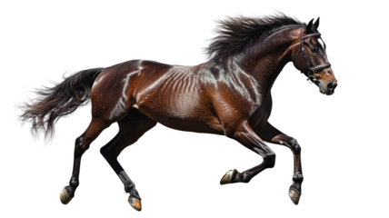 A sleek, muscular horse in mid-trot, showing off its athletic build and strong legs, isolated on a transparent background.
