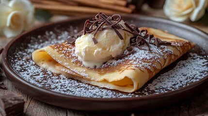 Elegant dessert crepe with smooth vanilla ice cream filling gracefully melting out, garnished with finely shaved chocolate curls and powdered sugar dusting,