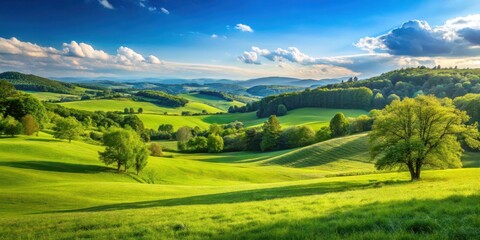 Fototapeta premium Serene natural scenery with lush green grassy area and rolling hills in the background, surrounded by trees and a blue sky , green