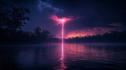 Powerful Lightning Strike Over Misty River at Dusk