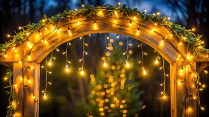 Fototapeta premium A colorful garland with yellow lights draped across a wooden archway at night