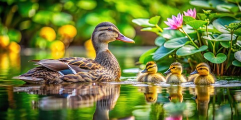 Mama duck swimming with her fluffy ducklings on the water's edge, surrounded by lush greenery and vibrant water lilies, animal mothers, ducklings