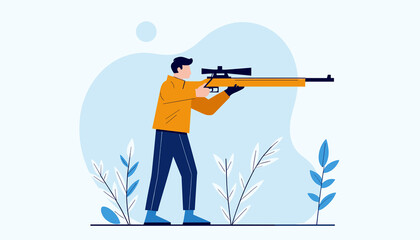 Male sport shooter aiming with a rifle during target practice, demonstrating precision and focus, flat vector sports illustration.