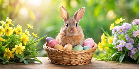 Easter bunny sits in a colorful basket filled with assorted eggs in pastel hues surrounded by lush greenery and vibrant flowers, easter eggs, colors