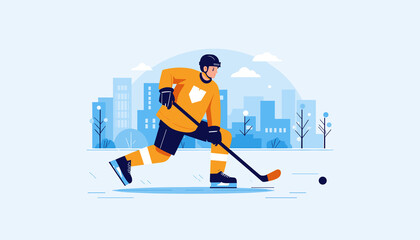 Male ice hockey player skating on a frozen rink, controlling the puck, flat sports illustration.