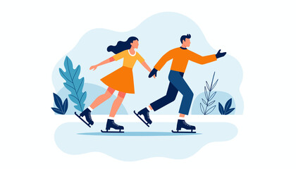 Fototapeta premium Two ice skaters gliding on the ice, enjoying winter outdoor activity, flat sports illustration.