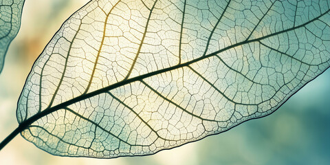Obraz premium Vibrant transparent leaf skeleton texture with veins and cells, macro shot