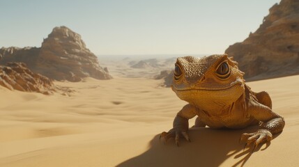 A desert lizard basks in the sun, its gaze fixed on the distant dunes.  The arid landscape stretches out behind it, a vast expanse of golden sand and rock formations.