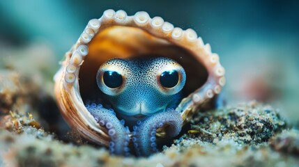 Cute Octopus Hiding in Shell Underwater Surrounded by Coral Reef