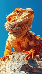 Obraz premium A vibrant orange bearded dragon basks in the sun, perched atop a rock against a clear blue sky.