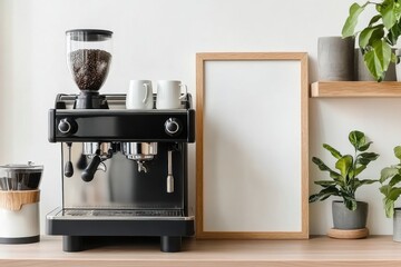 Modern Coffee Machine with Coffee Beans and Blank Frame Decor