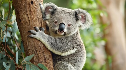 Naklejka premium Playful Koala Climbing Eucalyptus Tree in Natural Habitat