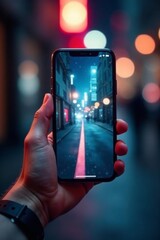 Hand holding smartphone, screen glowing brightly, social media, illumination, blue light