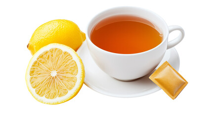 Cup of hot tea with a slice of lemon and a tea bag, cozy and warm beverage concept, isolated on a white background