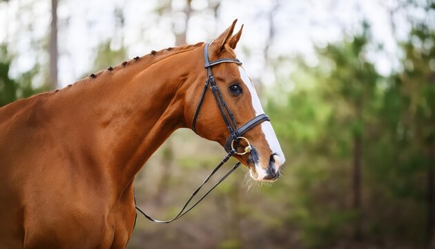 Stunning Budyonny Chestnut Dressage Gelding Horse Posing in Forest Lands at Twilight Majestic Equine Portrait Radiating Serenity and Elegance Amidst the Enchanted Woodland Mood.