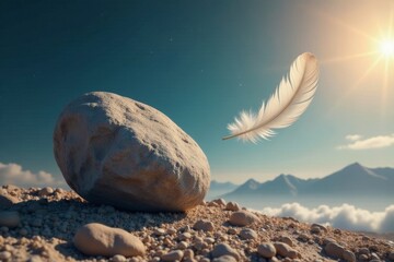Immobile boulder; delicate feather drifting in wind , aerial, outdoor