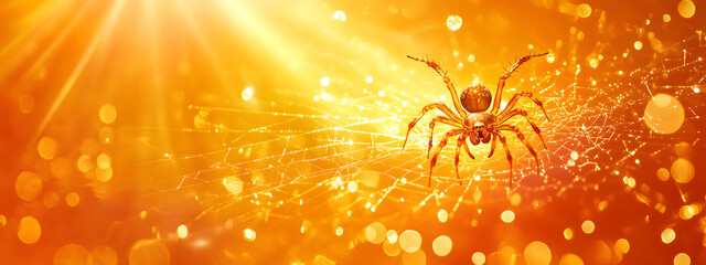 A spider weaving its web in the center of an orange and yellow background
