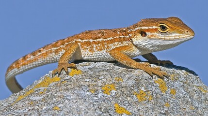 Naklejka premium A vibrant orange lizard basks in the sun, perched atop a lichen-covered rock against a clear blue sky.