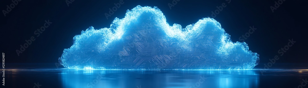 Poster 3d digital art of a cloudshaped circuit board, interconnected circuitry, glowing data flow, abstract