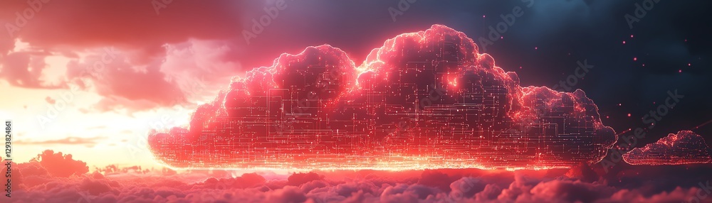 Poster 3d digital art of a cloudshaped circuit board, interconnected circuitry, glowing data flow, abstract