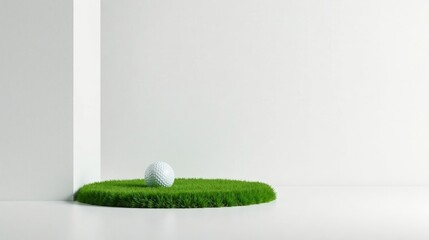 A solitary golf ball rests gently on a small patch of vibrant green turf, positioned against a minimalist white wall backdrop.