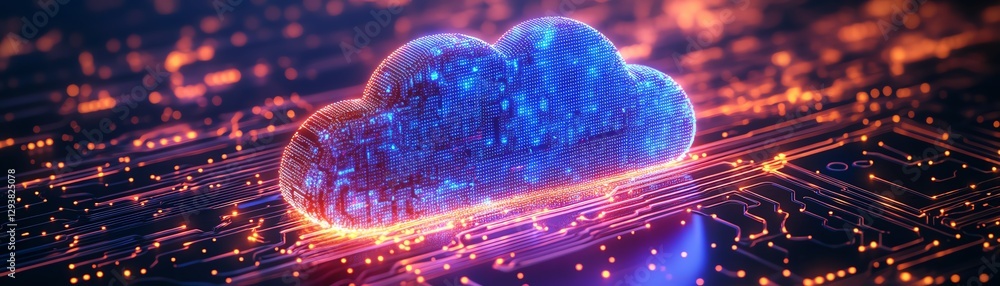 Poster abstract 3d visualization of a cloudshaped circuit board, modern digital concept, glowing circuits a