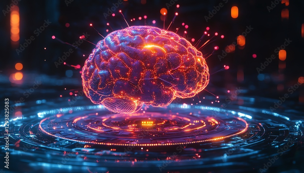 Poster artificial intelligence brain on a circular platform, futuristic design with neon lights, glowing co