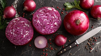 Purple Onions and Red Cabbage on Dark Marble