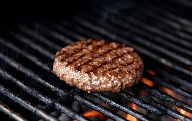 Juicy Grilled Beef Burger Patty on BBQ Grill