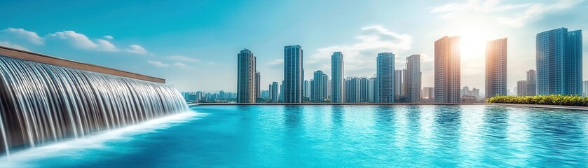 Fototapeta premium Flowing rooftop infinity pool overlooking a modern urban skyline, luxury lifestyle in functional high-rise architecture