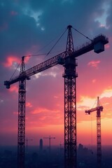 Towering cranes & scaffold framework against twilight sky , building, framework