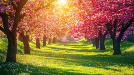 Naklejka premium Cherry blossom trees in a sunny park with vibrant colors and relaxing atmosphere 
