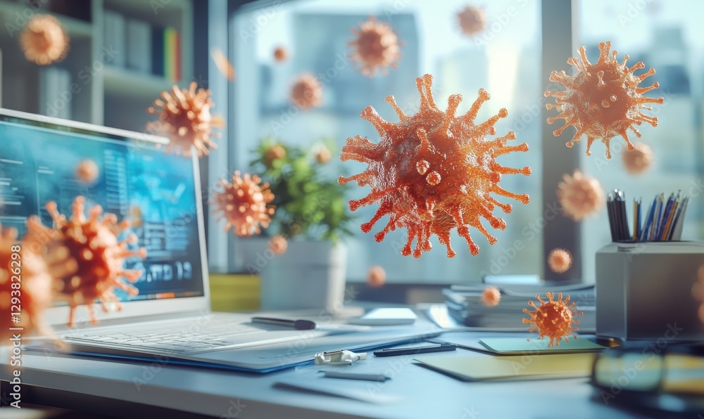 Poster viruses float over a desk computer