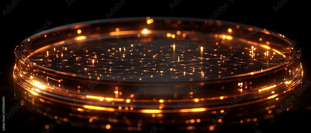 Poster futuristic brain design on a circular platform, artificial intelligence neural network, glowing conn