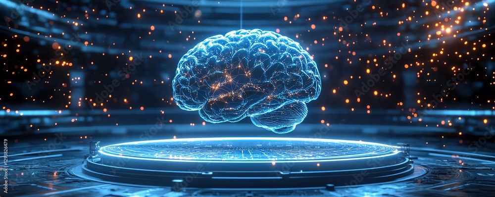 Poster futuristic brain on a circular platform, artificial intelligence concept, glowing neural connections